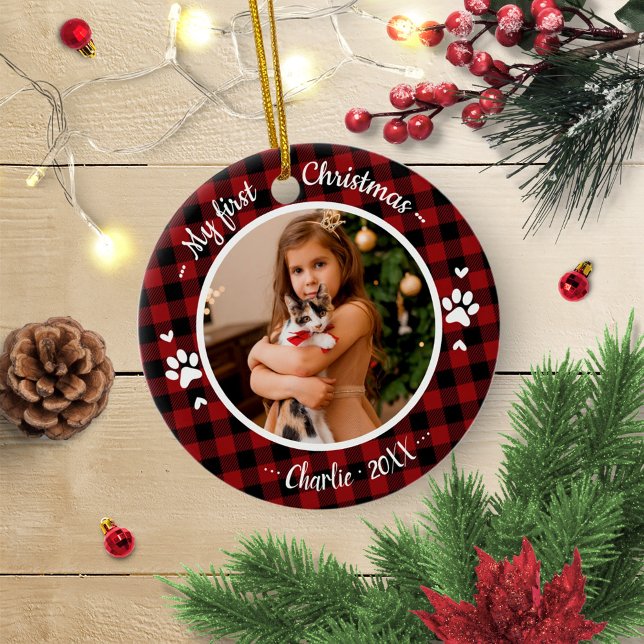 Cat Pet First Christmas Photo Rustic Buffalo Check Ceramic Ornament (Creator Uploaded)