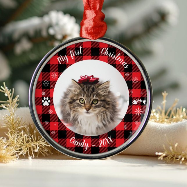 Cat Pet First Christmas Photo Rustic Buffalo Check Metal Ornament (Creator Uploaded)