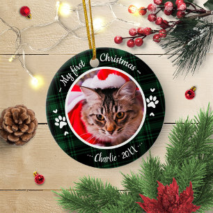 Cat Pet First Christmas Photo Rustic Green Plaid Ceramic Ornament
