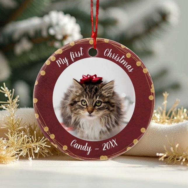 Cat Pet First Christmas Photo Rustic Light Wreaths Ceramic Ornament (Creator Uploaded)