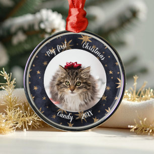 Cat Pet First Christmas Photo Rustic Messy Stars C Metal Ornament