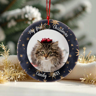Cat Pet First Christmas Photo Rustic Messy Stars Ceramic Ornament