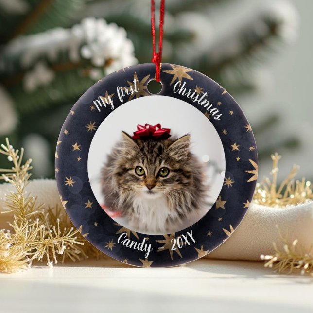 Cat Pet First Christmas Photo Rustic Messy Stars Ceramic Ornament (Creator Uploaded)