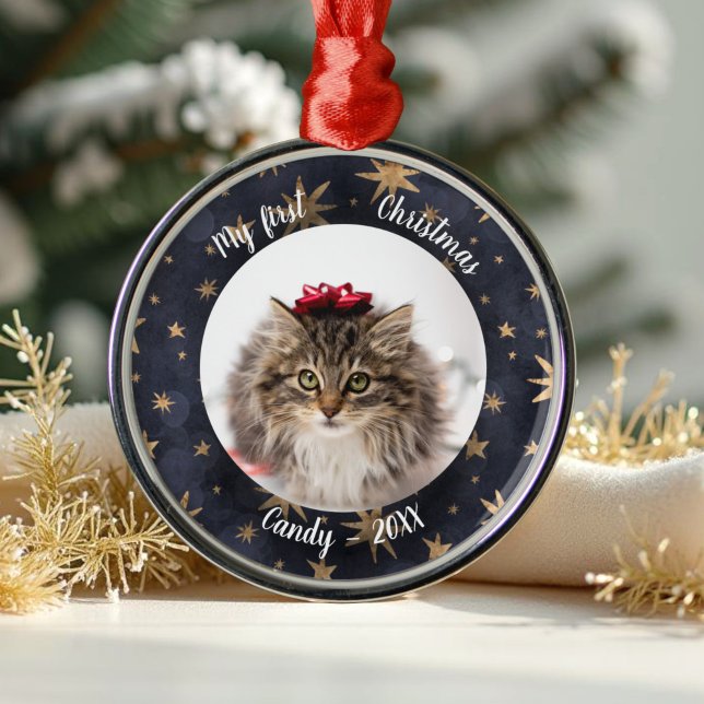 Cat Pet First Christmas Photo Rustic Messy Stars Metal Ornament (Creator Uploaded)