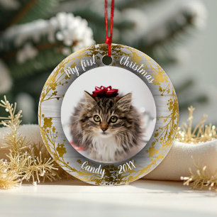 Cat Pet First Christmas Photo Wreaths Gold Foils Ceramic Ornament