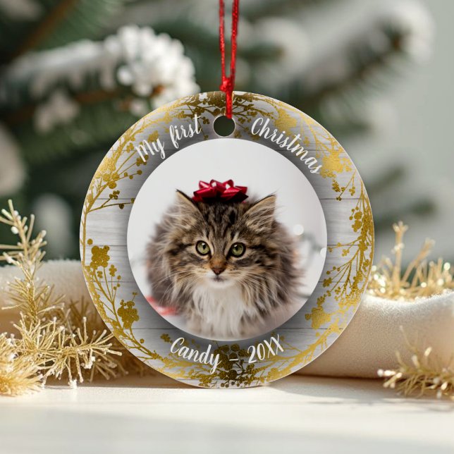 Cat Pet First Christmas Photo Wreaths Gold Foils Ceramic Ornament (Creator Uploaded)