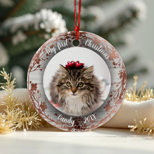 Cat Pet First Christmas Photo Wreaths Rose Foils Ceramic Ornament