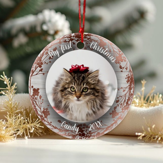 Cat Pet First Christmas Photo Wreaths Rose Foils Ceramic Ornament (Creator Uploaded)