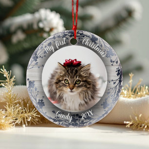 Cat Pet First Christmas Photo Wreaths Silver Foils Ceramic Ornament