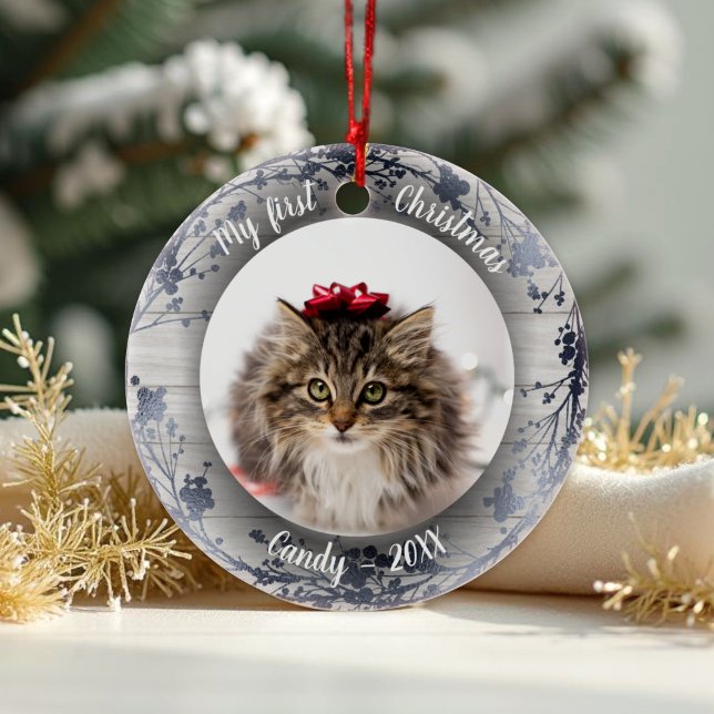 Cat Pet First Christmas Photo Wreaths Silver Foils Ceramic Ornament (Creator Uploaded)