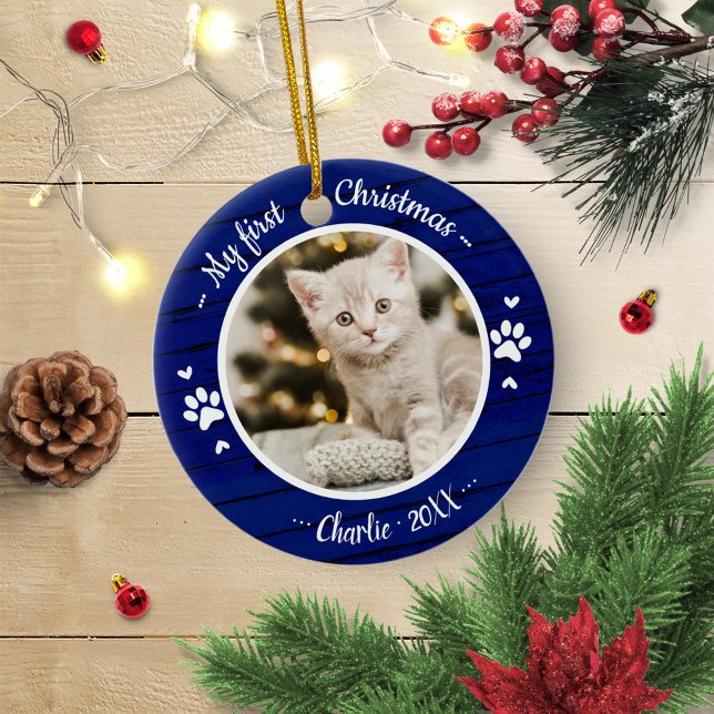 Cat Pet First Christmas Simple Photo Rustic Blue Ceramic Ornament (Creator Uploaded)
