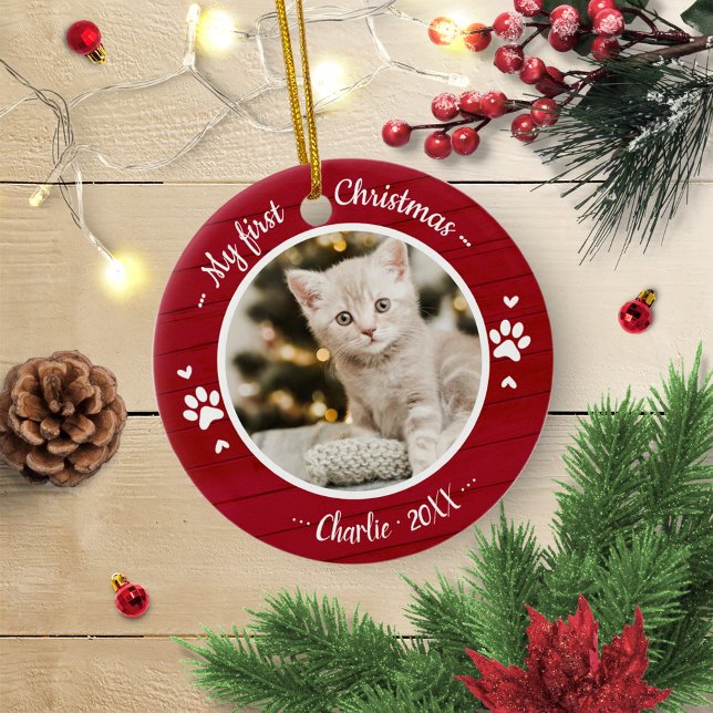 Cat Pet First Christmas Simple Photo Rustic Metal Ornament (Creator Uploaded)