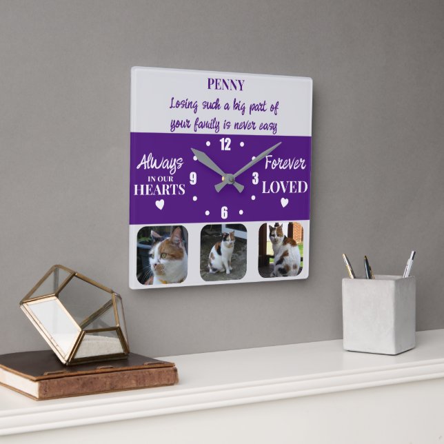 Cat pet loss Keepsake Memorial purple Square Wall Clock (Office)