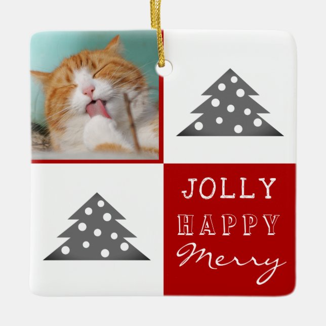 Cat Pet Merry Jolly Christmas Tree Holiday Photo Ceramic Ornament (Front)