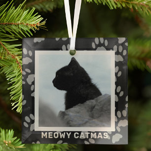Cat Pet Photo Paw Prints Frame Meowy Catmas  Glass Tree Decoration