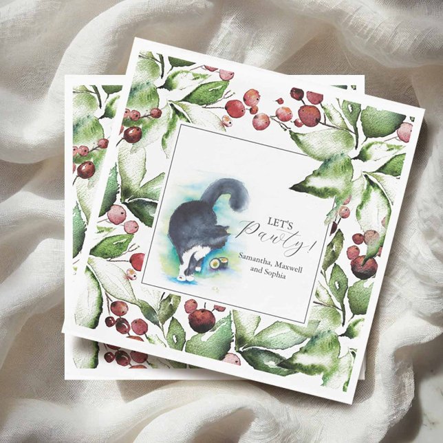 Cat Pet Portrait Christmas Cocktail Napkins (Custom cocktail napkins with watercolor cat portraits for weddings, showers, & Christmas parties)