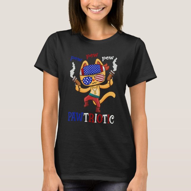 Cat Pew Pew Pawtriotic Cat 4th Of July Humour Tee (Front)