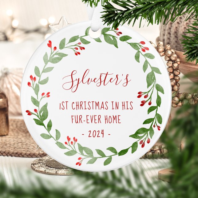 Cat Photo 1st Christmas Watercolor Wreath 2024 Ornament (Creator Uploaded)