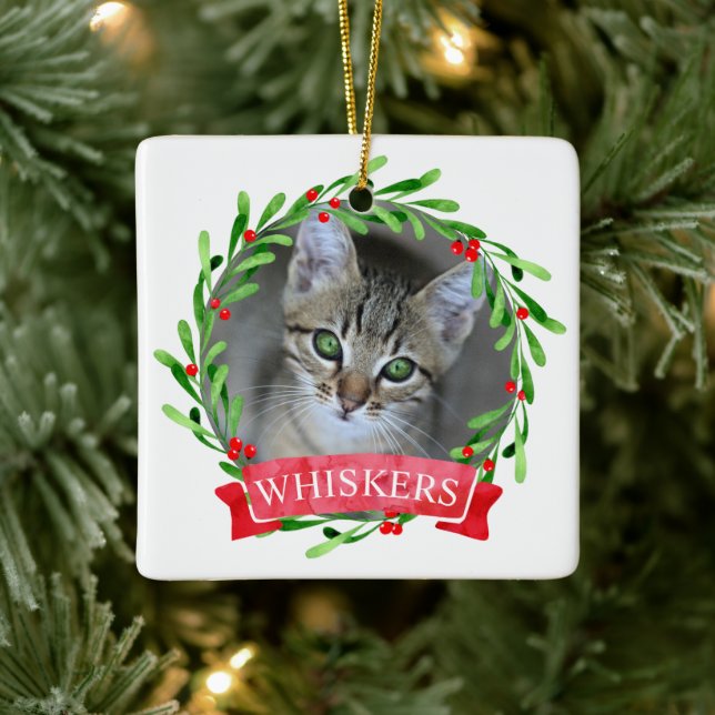 Cat Photo Christmas Wreath Ceramic Ornament (Tree)