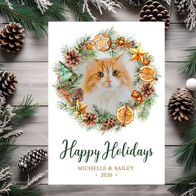 Cat Photo Christmas Wreath Holiday Card (Creator Uploaded)