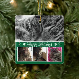 Cat Photo Collage Green Christmas Ornament