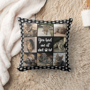 Cat Photo Collage YOU HAD ME AT MEOW Paw Print Cushion