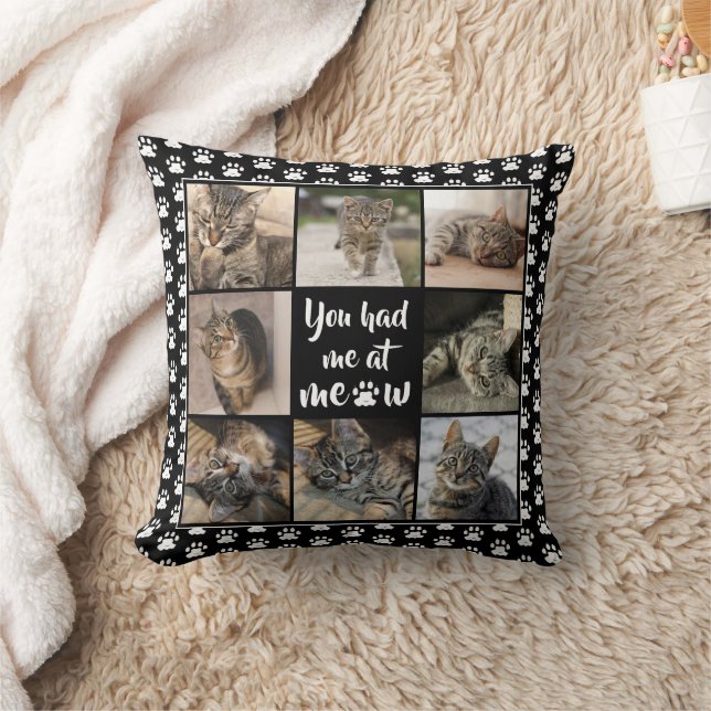Cat Photo Collage YOU HAD ME AT MEOW Paw Print Cushion (Blanket)