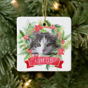 Cat Photo Holly Wreath Ceramic Ornament