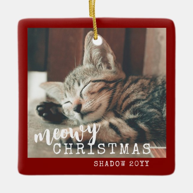 Cat Photo Meowy Christmas Rustic Red  Ceramic Ornament (Front)