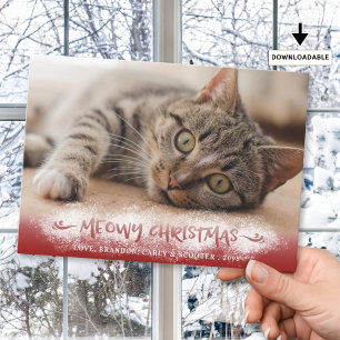 Cat Photo MEOWY CHRISTMAS Snow Red Holiday Card