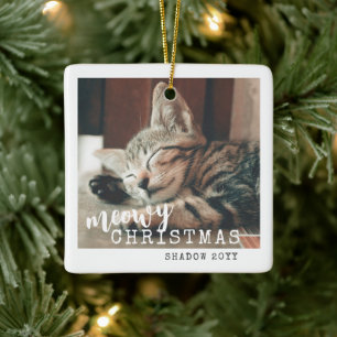 Cat Photo Meowy Merry Christmas Cute White Ceramic Ornament
