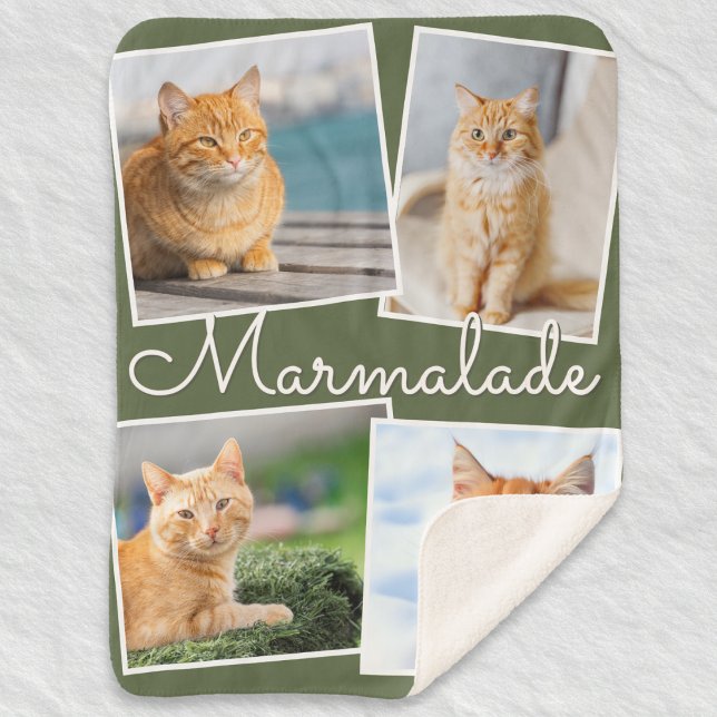 Cat Photo Pet Collage Olive Green Personalized Sherpa Blanket (A sherpa blanket personalized with four cat photos and pet's name, on a green background)