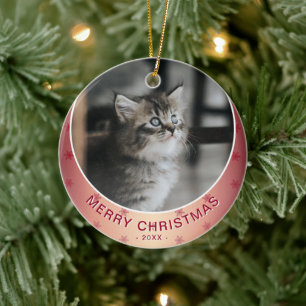 Cat Photo Red Snowflake Metallic Christmas Ceramic Ornament