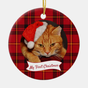 Cat Photo Red Tartan Plaid Pet First Christmas  Ceramic Ornament