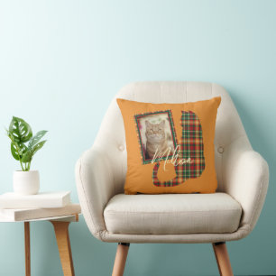 Cat Photo Tartan Orange Green Plaid Throw Pillow
