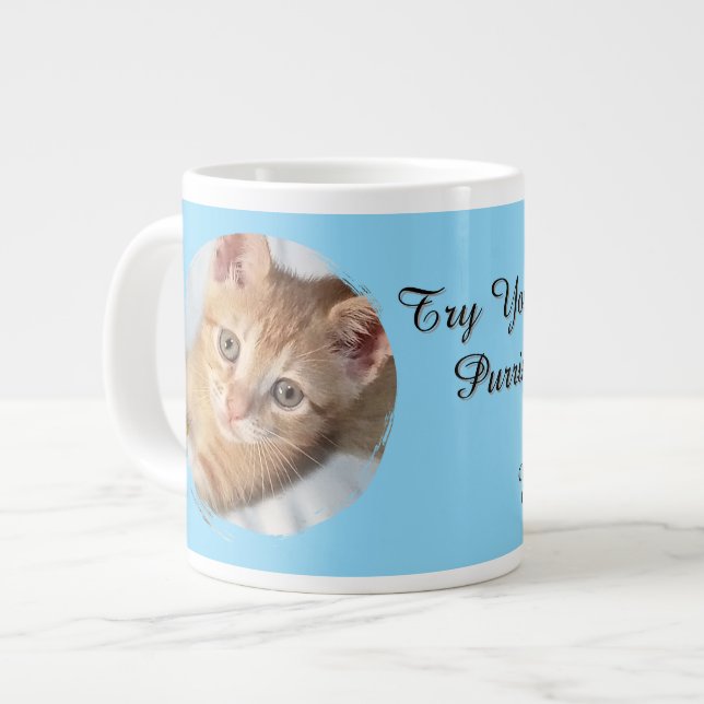 Cat Photo Text Blue replaceable Funny Cat Lovers'  Large Coffee Mug (Front Left)