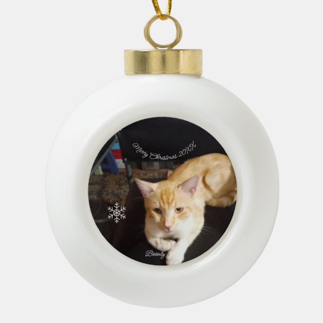 Cat Photo Text, Customise, Happy New Year 20XX,  Ceramic Ball Christmas Ornament (Front)