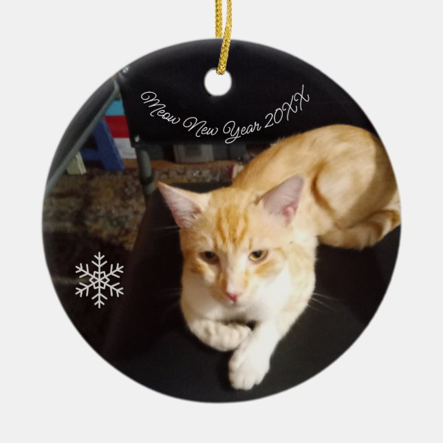Cat Photo Text, Customise, Happy New Year 20XX,  Ceramic Ornament (Front)