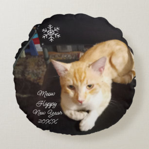 Cat Photo Text, Customise, Happy New Year 20XX, Round Cushion