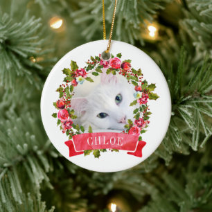 Cat Photo Watercolor Wreath Ceramic Ornament