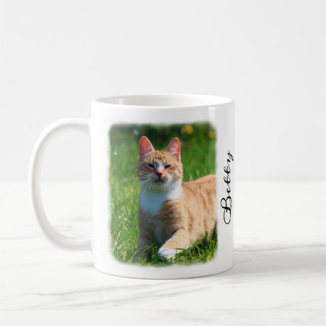 Cat Photo with Faded Border Custom Name and Quote Coffee Mug (Left)