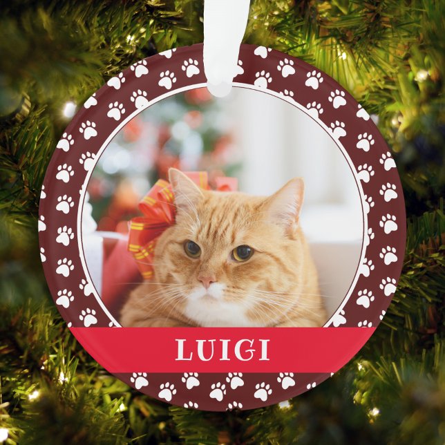 Cat Photo with Paw Print Pattern with Name Ornament (Creator Uploaded)