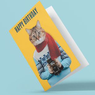 Cat Photographer in Vintage Sweater Customisable Card