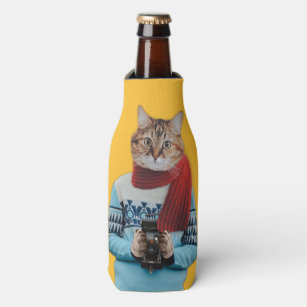 Cat Photographer in Vintage Sweater Quirky Bottle Cooler