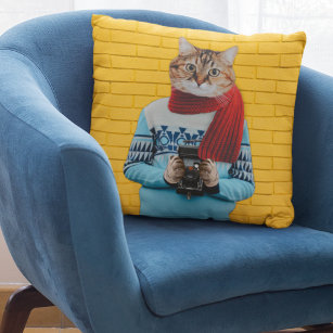 Cat Photographer in Vintage Sweater Quirky Cushion