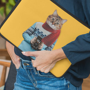 Cat Photographer in Vintage Sweater Quirky Laptop Sleeve