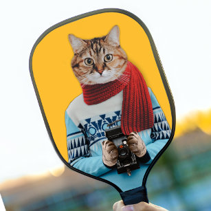 Cat Photographer in Vintage Sweater Quirky Pickleball Paddle