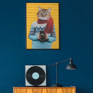 Cat Photographer in Vintage Sweater Quirky Poster