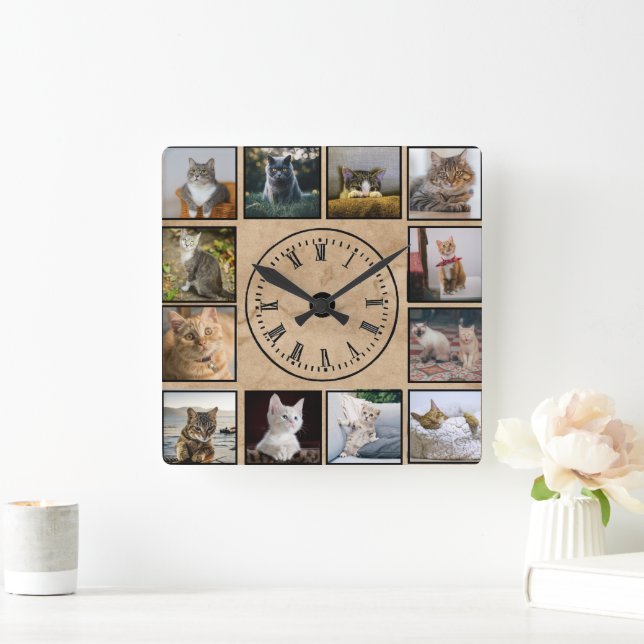 Cat Photos Collage Faux parchment pager Background Square Wall Clock (Home)