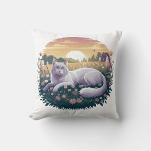 Cat Pillow: White and Navy Blue Woven Throw Pillow